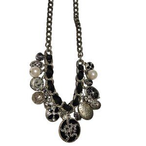 Elegant Black Beaded Faux Pearl Chunky Charm Necklace Silver Tone Jewelry Women